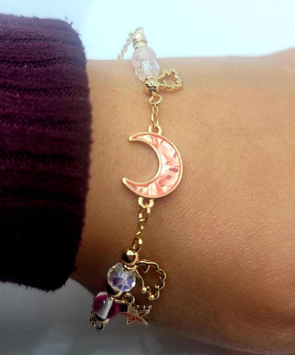 Crescent Moon Charm Bracelet | Gold Celestial Wings Bracelet| Enamel Charms Dangle Stars