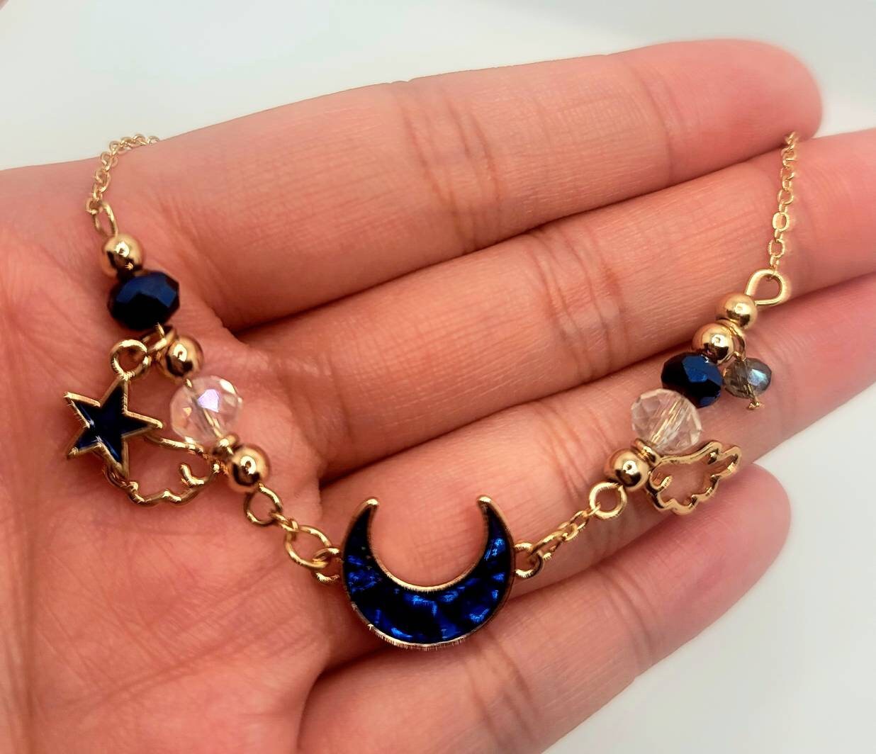 Crescent Moon Charm Bracelet | Gold Celestial Wings Bracelet| Enamel Charms Dangle Stars