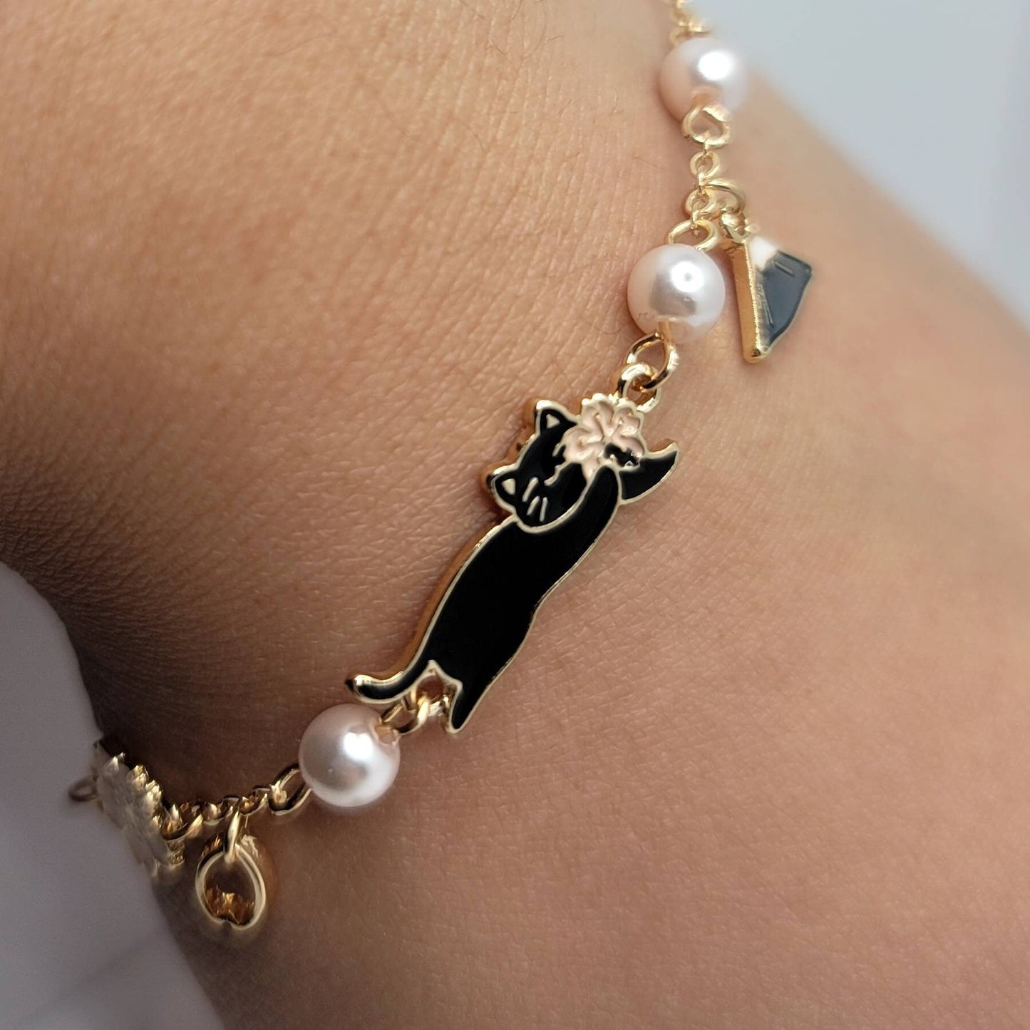 Cat Charm Bracelet | Gold Bracelet | Sakura Cherry Blossom | Enamel Charm | Pearl Bracelet | Lolita Girl Bracelet | Japanese Style