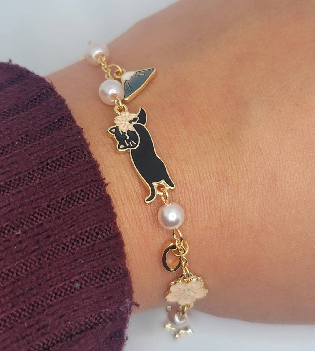 Cat Charm Bracelet | Gold Bracelet | Sakura Cherry Blossom | Enamel Charm | Pearl Bracelet | Lolita Girl Bracelet | Japanese Style