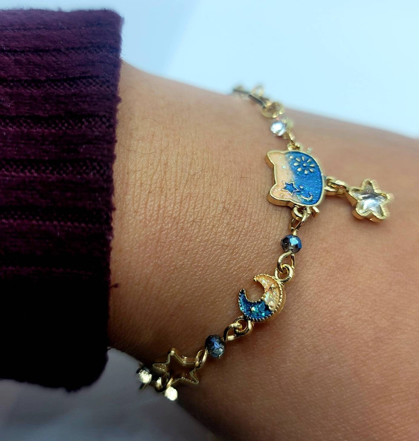 Cat Head Charm Bracelet | Moon Stars Bracelet | Dainty Cat Charm Jewelry | Japanese Lolita | Gift for Her | Enamel Cat Dangling Stars