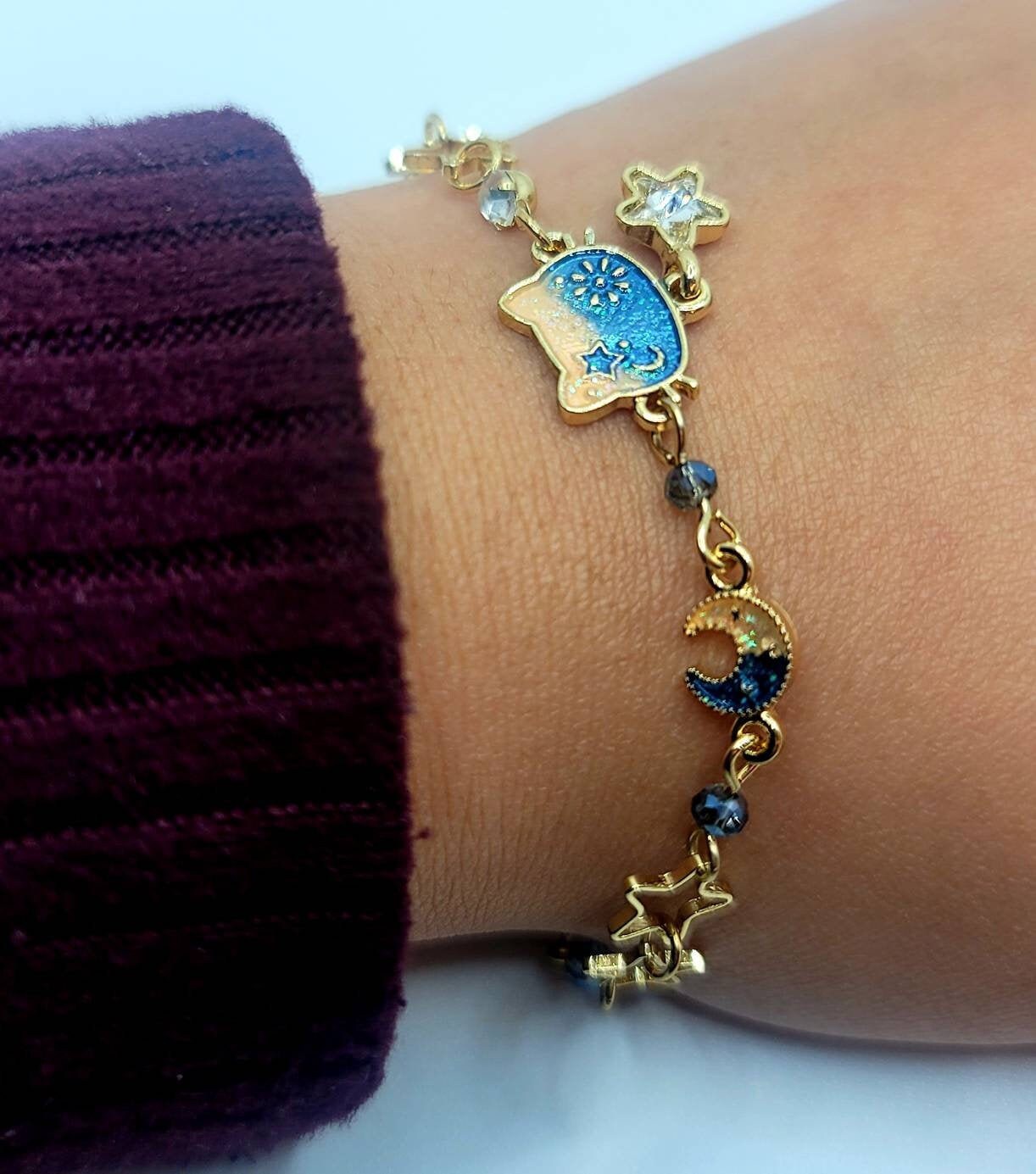 Cat Head Charm Bracelet | Moon Stars Bracelet | Dainty Cat Charm Jewelry | Japanese Lolita | Gift for Her | Enamel Cat Dangling Stars