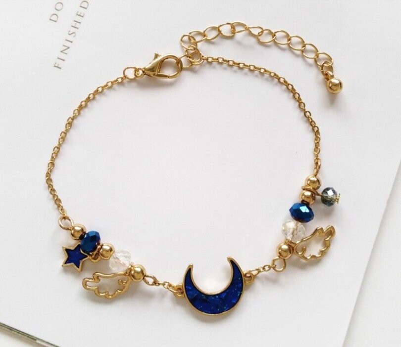 Crescent Moon Charm Bracelet | Gold Celestial Wings Bracelet| Enamel Charms Dangle Stars