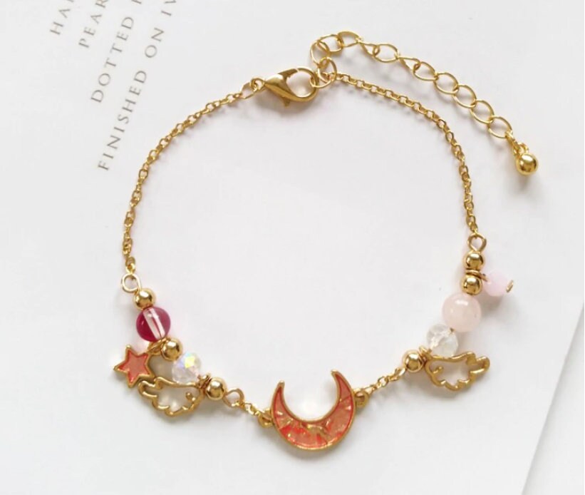 Crescent Moon Charm Bracelet | Gold Celestial Wings Bracelet| Enamel Charms Dangle Stars