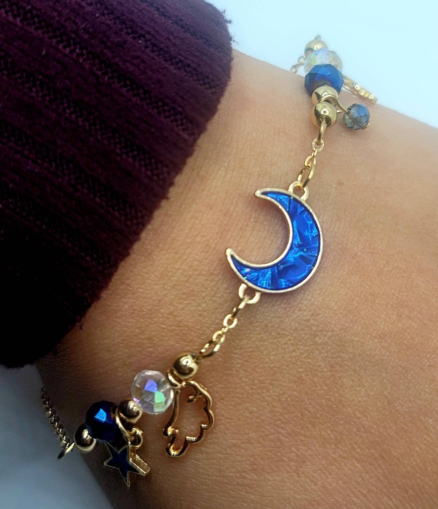 Crescent Moon Charm Bracelet | Gold Celestial Wings Bracelet| Enamel Charms Dangle Stars