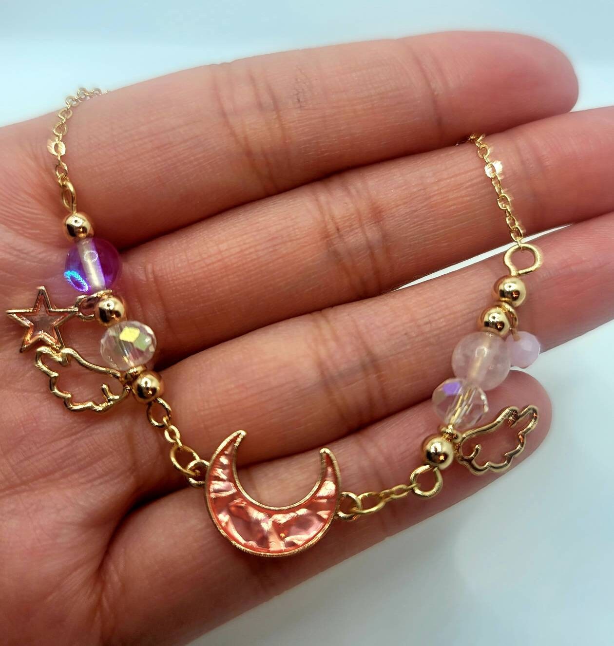 Crescent Moon Charm Bracelet | Gold Celestial Wings Bracelet| Enamel Charms Dangle Stars