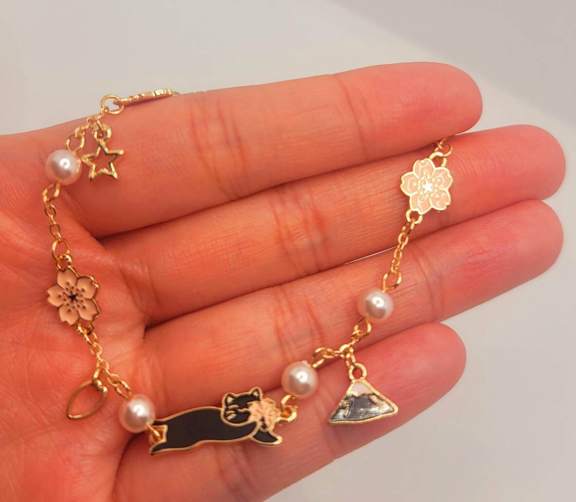 Cat Charm Bracelet | Gold Bracelet | Sakura Cherry Blossom | Enamel Charm | Pearl Bracelet | Lolita Girl Bracelet | Japanese Style