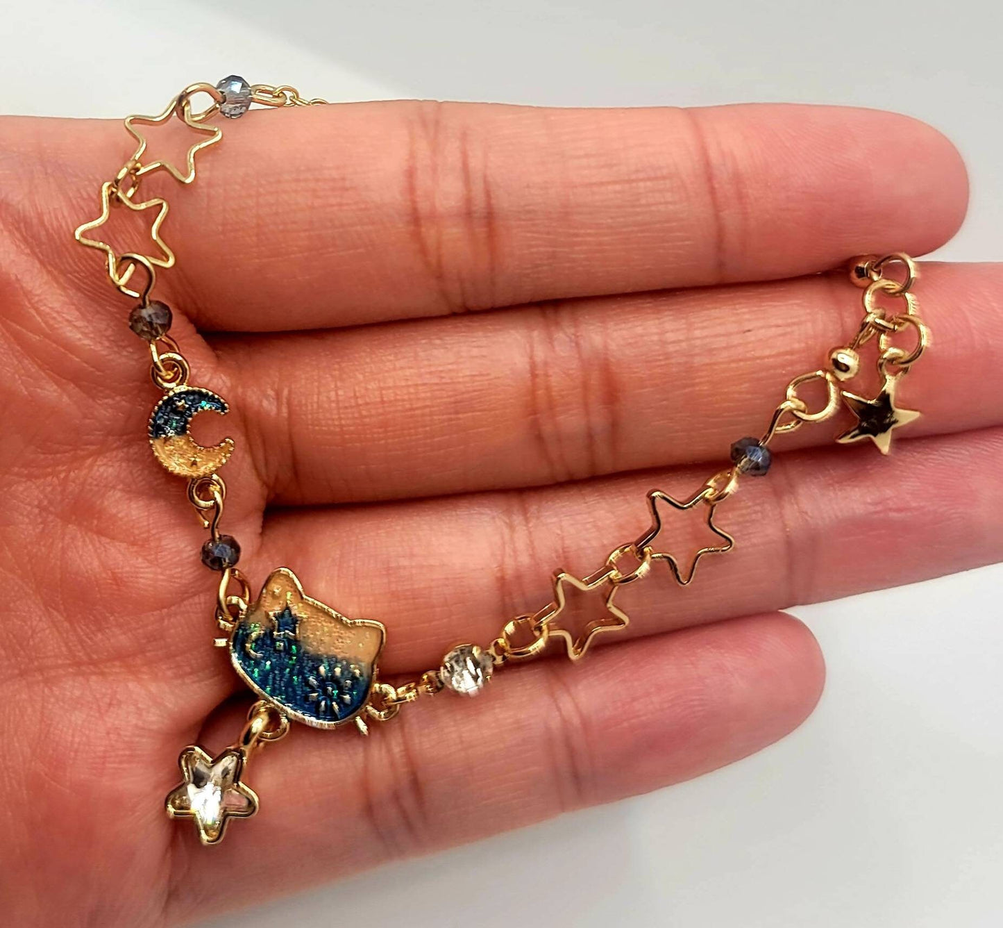 Cat Head Charm Bracelet | Moon Stars Bracelet | Dainty Cat Charm Jewelry | Japanese Lolita | Gift for Her | Enamel Cat Dangling Stars