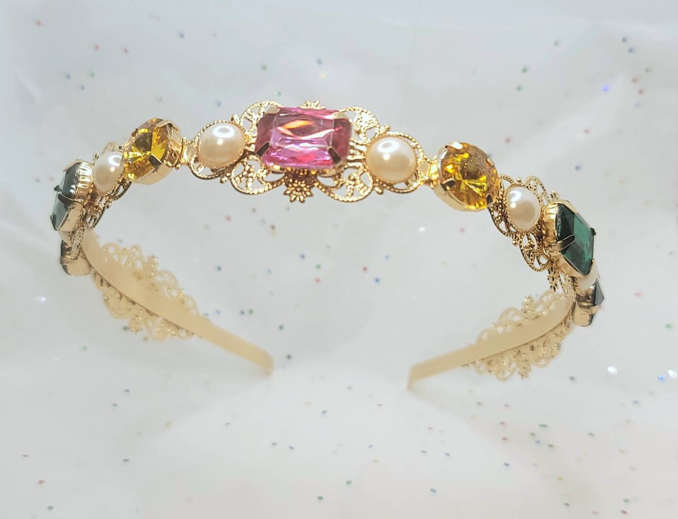 Multicolor Jewels & Pearls Headband Gold Large Colorful Gem Stone Headband Studded Multicolor Crystal