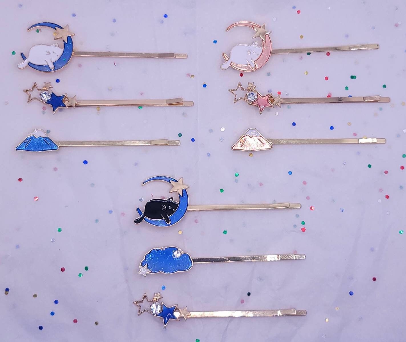 Cute Sleeping Cat Crescent Moon Gold Hair Clip Stars Galaxy Mount Fiji Starry Night Sky Asian Style Cartoon Kawaii Cute Enamel Bobby pins