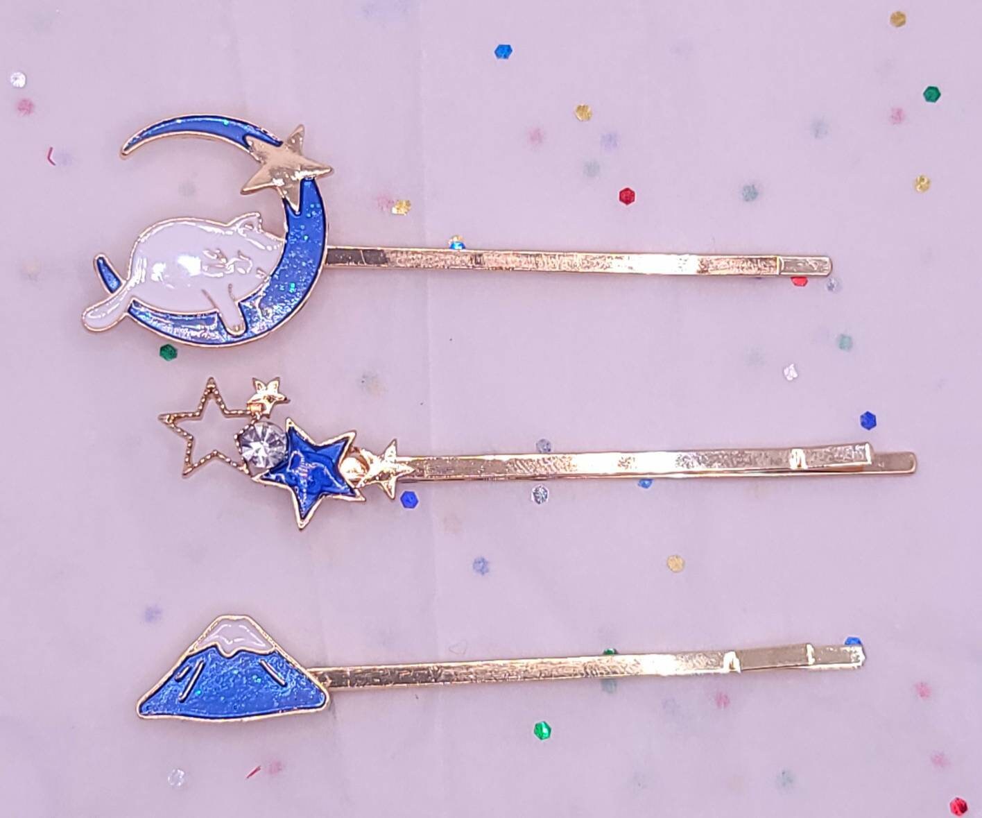 Cute Sleeping Cat Crescent Moon Gold Hair Clip Stars Galaxy Mount Fiji Starry Night Sky Asian Style Cartoon Kawaii Cute Enamel Bobby pins
