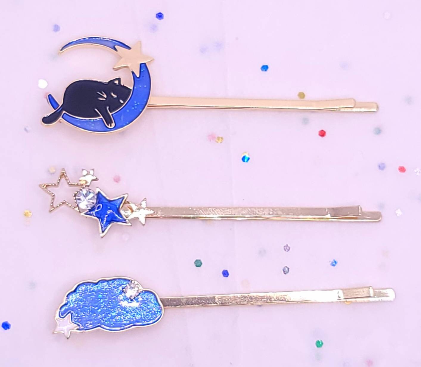 Cute Sleeping Cat Crescent Moon Gold Hair Clip Stars Galaxy Mount Fiji Starry Night Sky Asian Style Cartoon Kawaii Cute Enamel Bobby pins