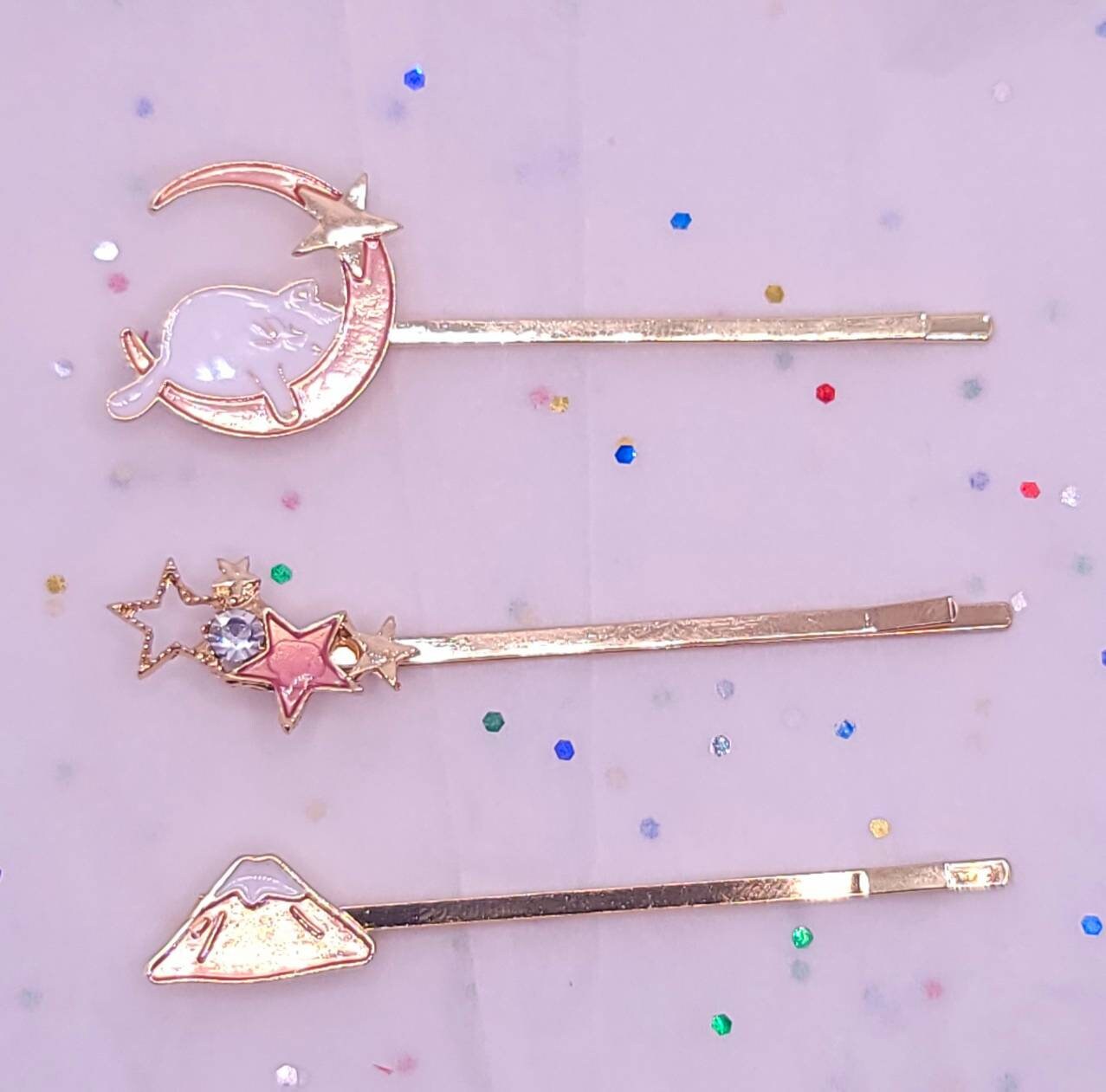 Cute Sleeping Cat Crescent Moon Gold Hair Clip Stars Galaxy Mount Fiji Starry Night Sky Asian Style Cartoon Kawaii Cute Enamel Bobby pins