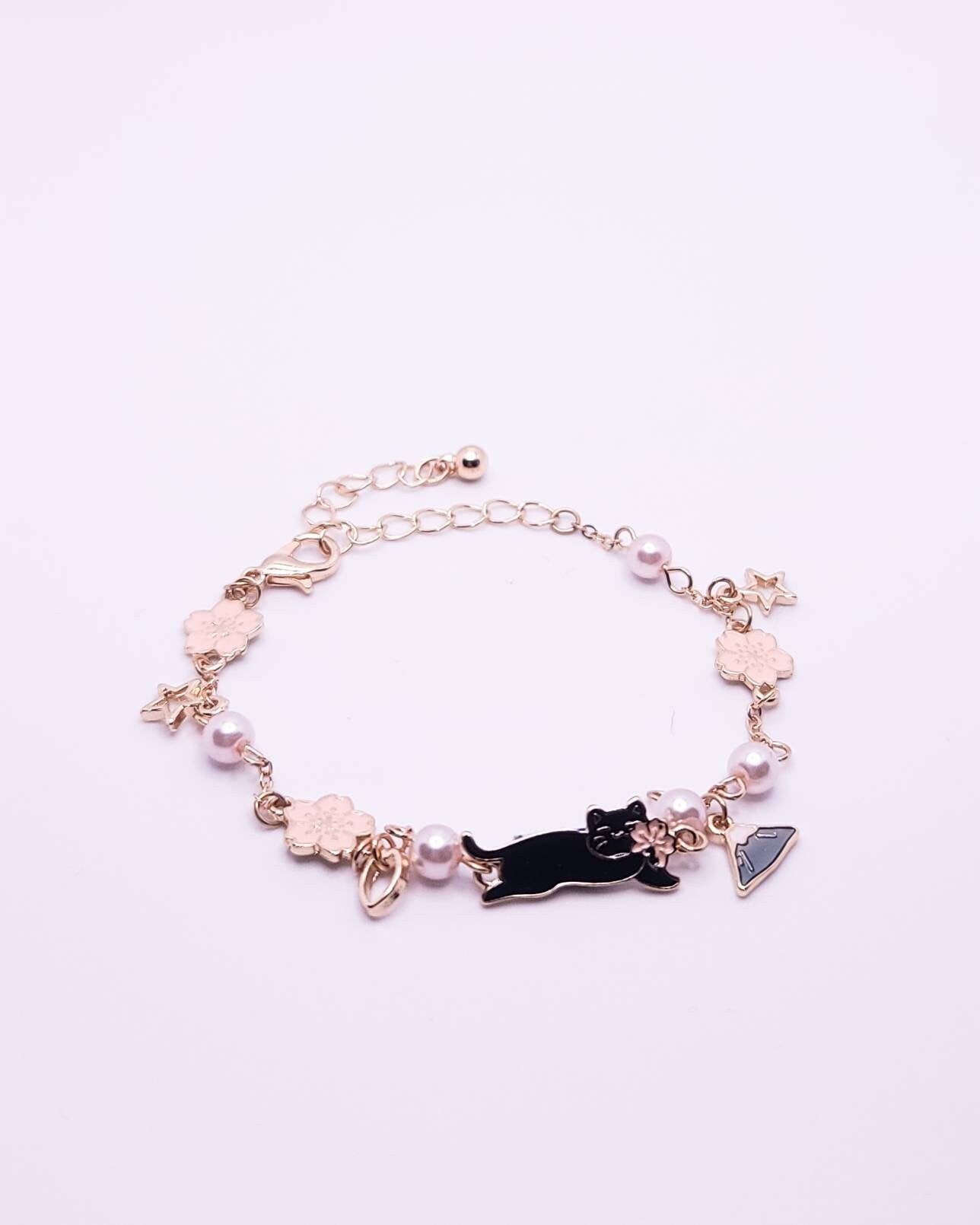 Cat Charm Bracelet | Gold Bracelet | Sakura Cherry Blossom | Enamel Charm | Pearl Bracelet | Lolita Girl Bracelet | Japanese Style
