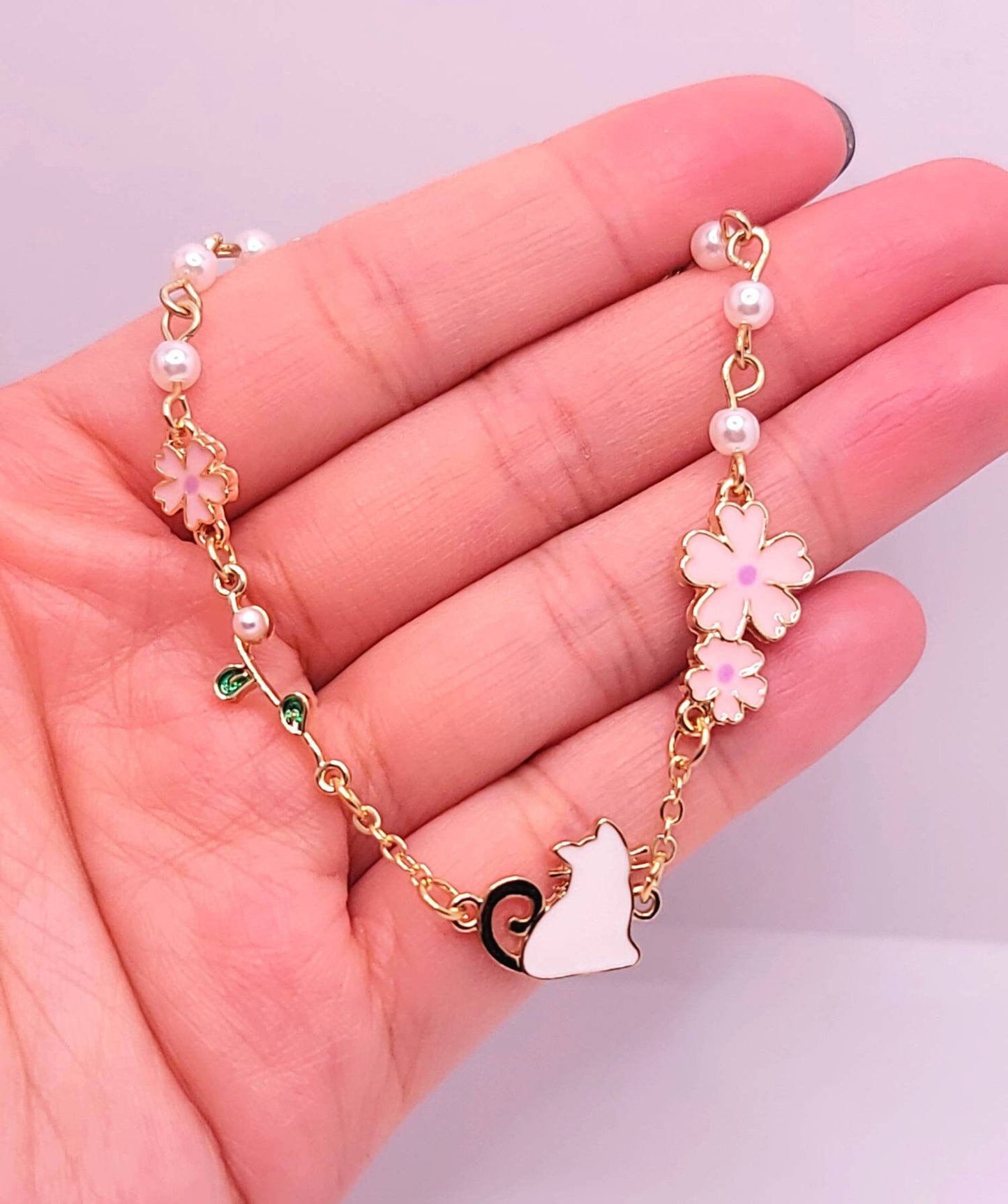 White Cat Charm Bracelet | Pink Cherry Blossom Bracelet | Japanese Lolita | Sitting Cat Charm | Gold Dainty Pearls Bracelet | Gift for Her