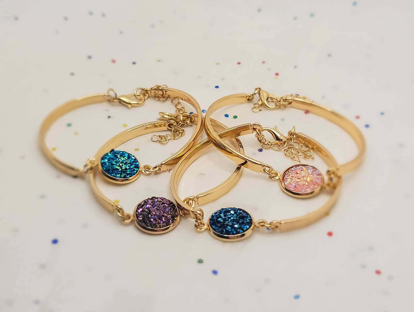 Dainty Druzy Bangle Bracelet | Silver or Gold Adjustable Cuff Bracelets| Minimalist Druzy Charm Cuff Bangles | Gift for Her