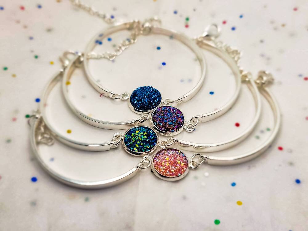 Dainty Druzy Bangle Bracelet | Silver or Gold Adjustable Cuff Bracelets| Minimalist Druzy Charm Cuff Bangles | Gift for Her