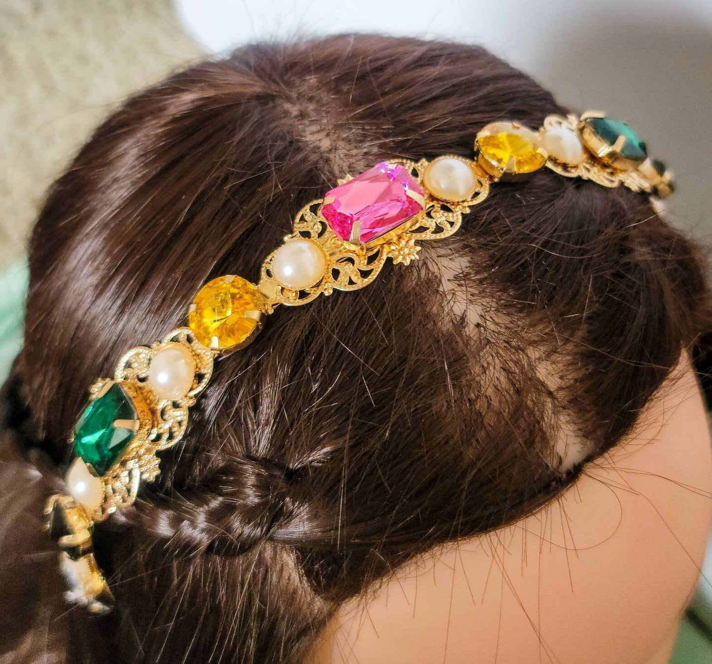 Multicolor Jewels & Pearls Headband Gold Large Colorful Gem Stone Headband Studded Multicolor Crystal