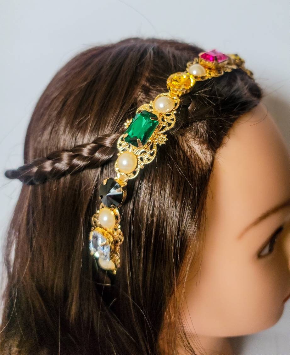 Multicolor Jewels & Pearls Headband Gold Large Colorful Gem Stone Headband Studded Multicolor Crystal