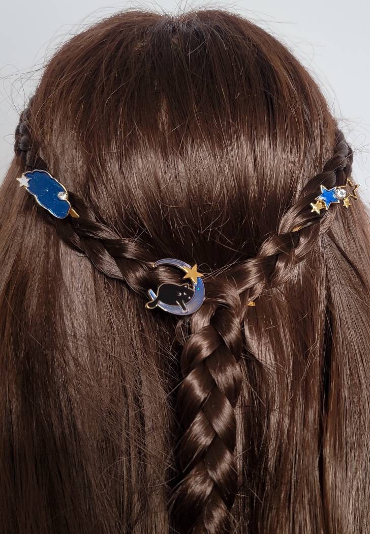 Cute Sleeping Cat Crescent Moon Gold Hair Clip Stars Galaxy Mount Fiji Starry Night Sky Asian Style Cartoon Kawaii Cute Enamel Bobby pins