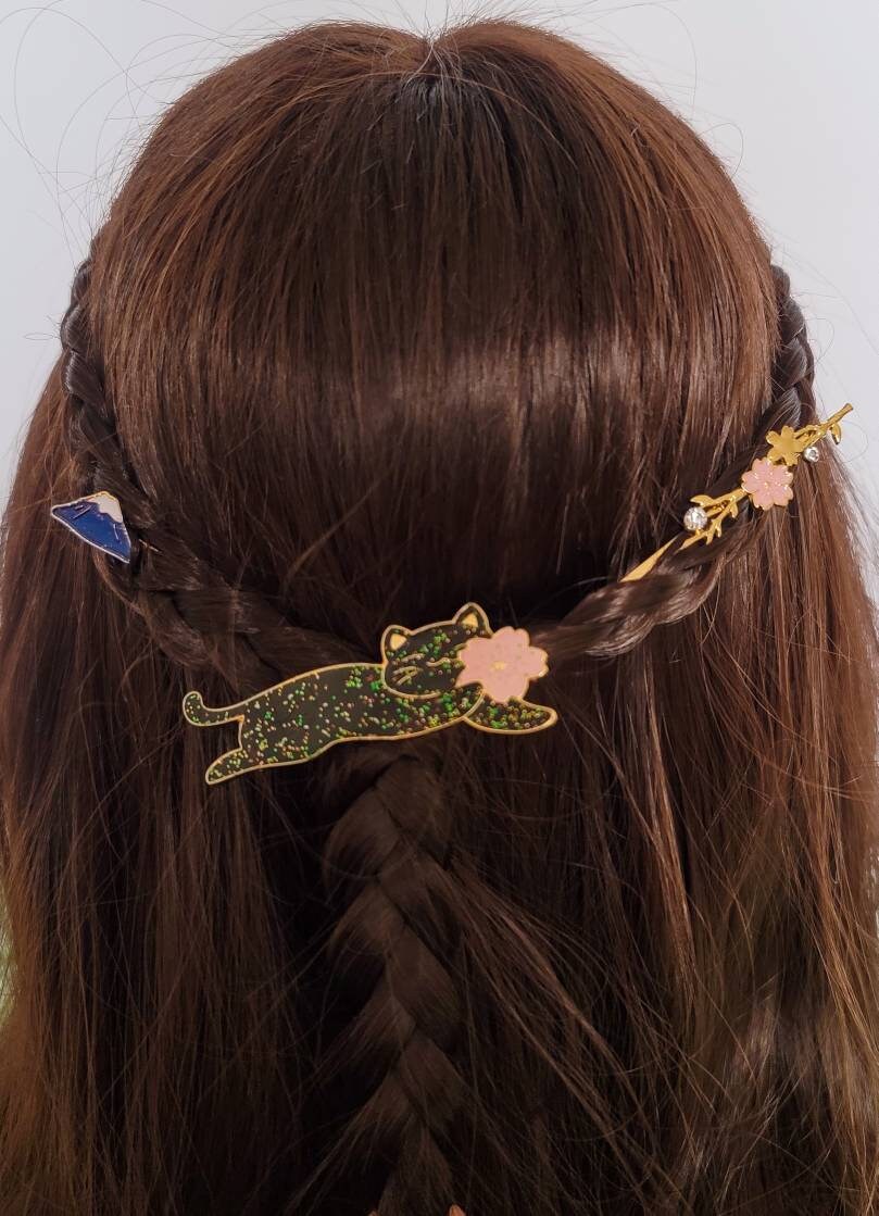 Kitty Cat Sakura Cherry Blossom Flower Hair Clip Claw Mount Fiji Cartoon Japanese Style Rhinestones Enamel Gift for Her Thick Hair