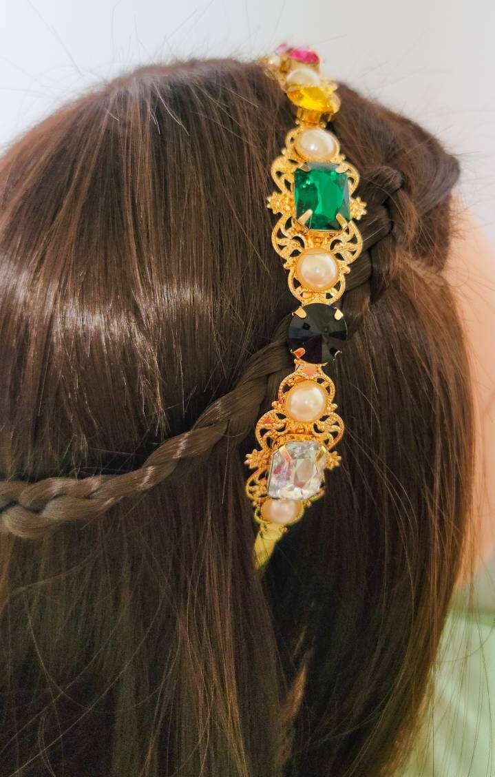 Multicolor Jewels & Pearls Headband Gold Large Colorful Gem Stone Headband Studded Multicolor Crystal