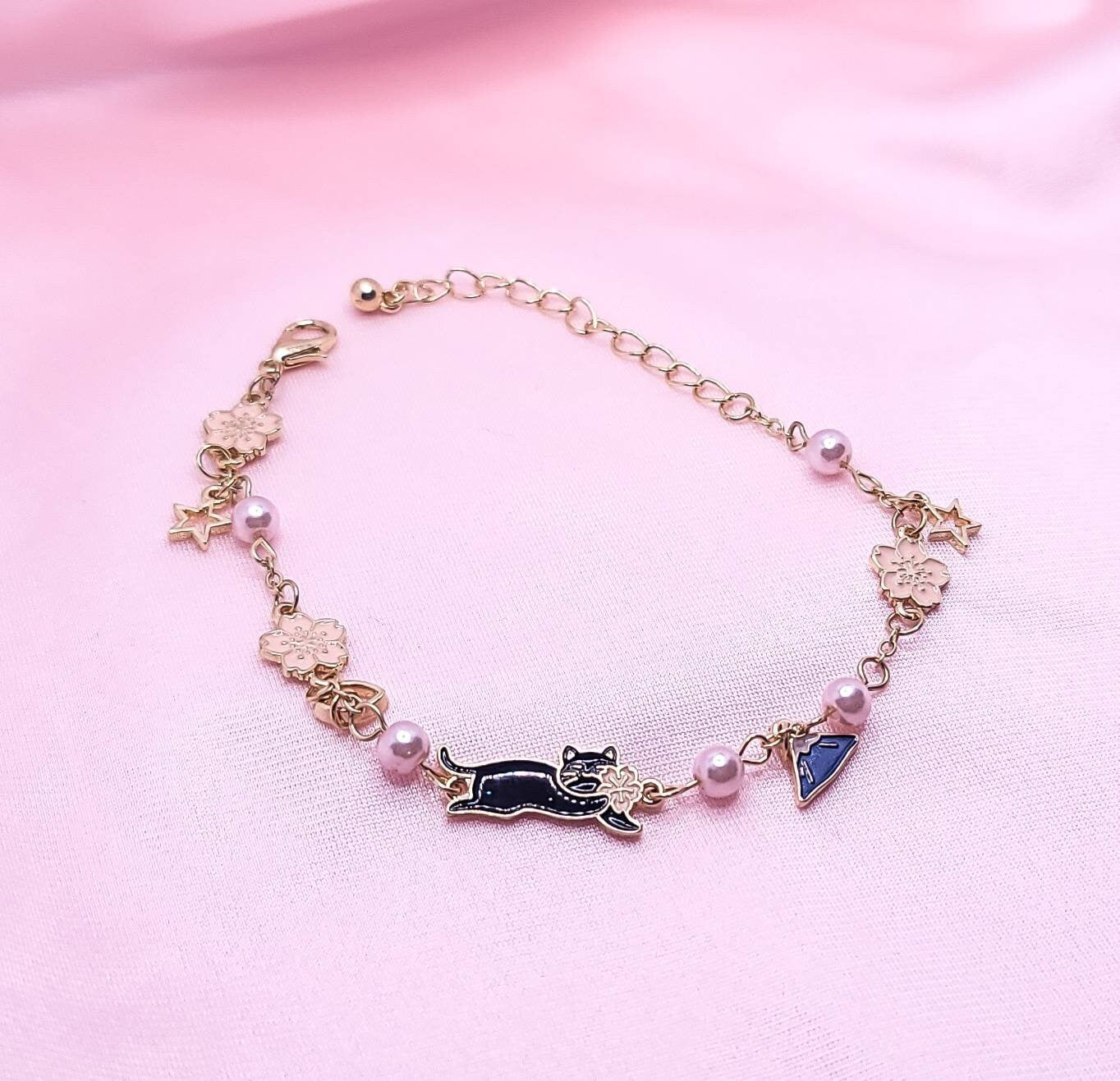 Cat Charm Bracelet | Gold Bracelet | Sakura Cherry Blossom | Enamel Charm | Pearl Bracelet | Lolita Girl Bracelet | Japanese Style