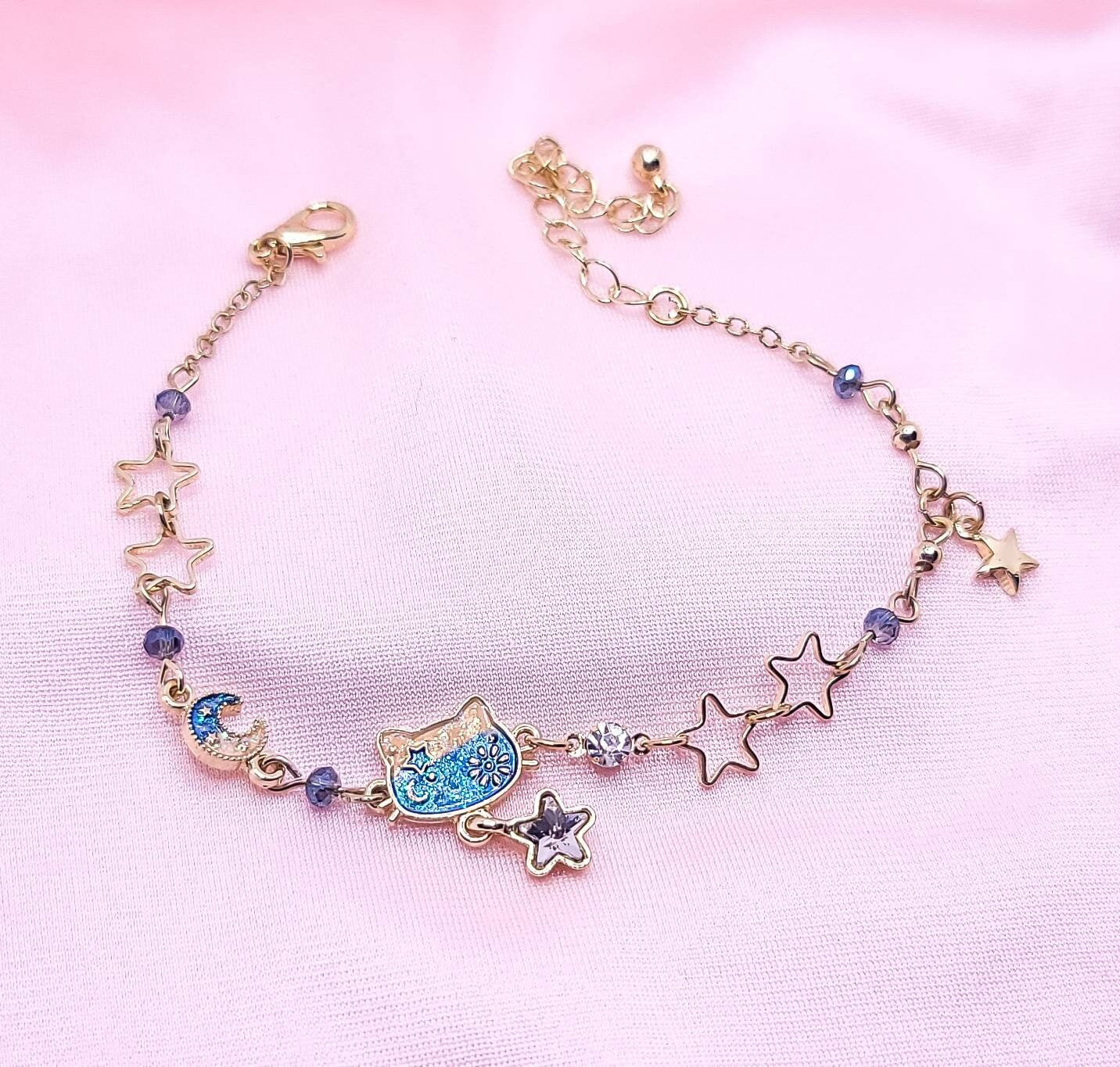 Cat Head Charm Bracelet | Moon Stars Bracelet | Dainty Cat Charm Jewelry | Japanese Lolita | Gift for Her | Enamel Cat Dangling Stars