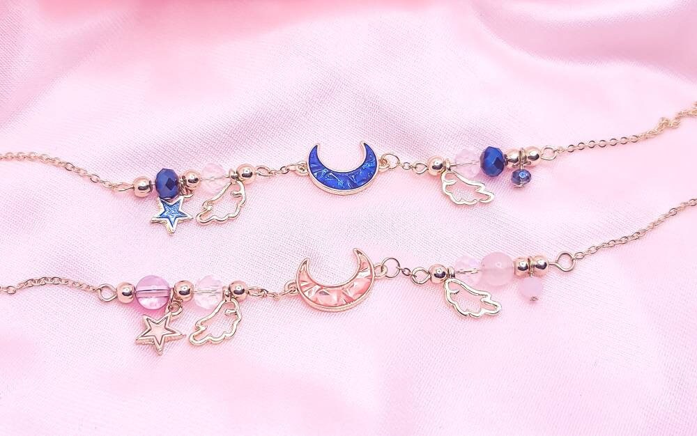 Crescent Moon Charm Bracelet | Gold Celestial Wings Bracelet| Enamel Charms Dangle Stars