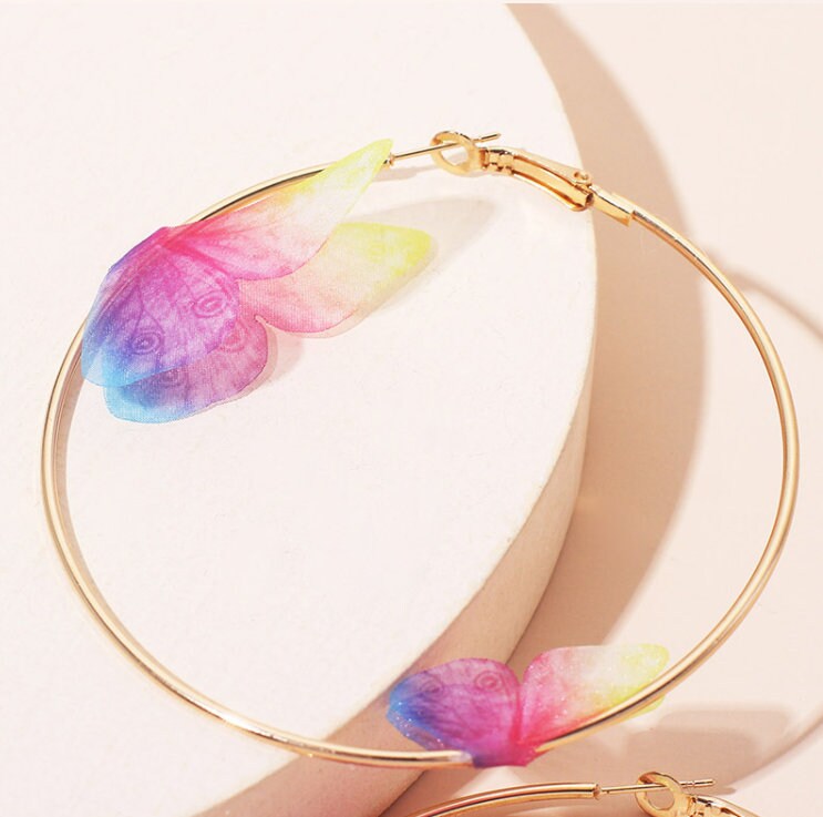 Butterfly Hoop Earrings | Big Gold Hoops | Butterfly Earrings | Realistic Butterfly | 3D Tulle | Oversize Hoops | Fashion Statement Earrings