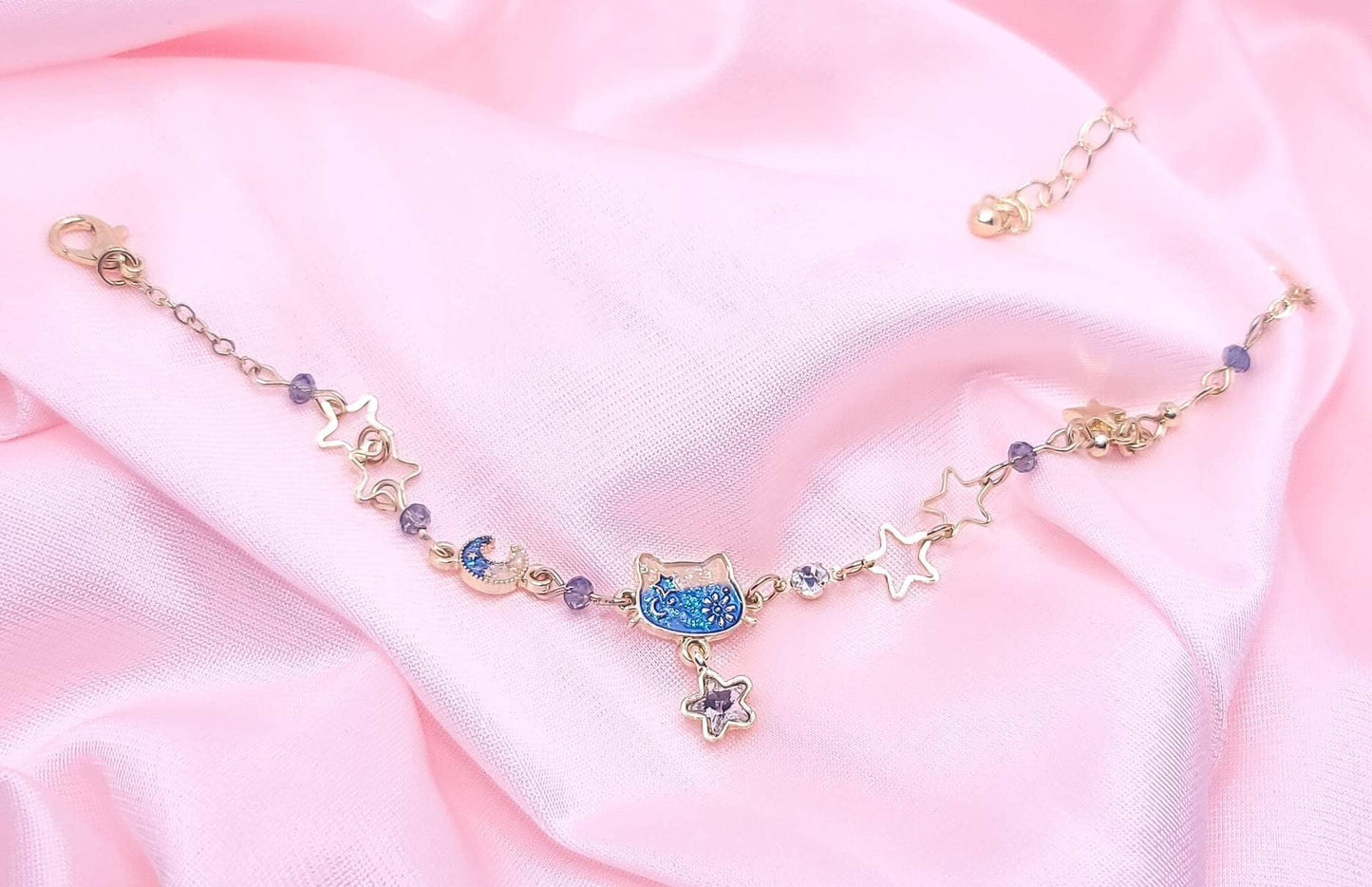 Cat Head Charm Bracelet | Moon Stars Bracelet | Dainty Cat Charm Jewelry | Japanese Lolita | Gift for Her | Enamel Cat Dangling Stars