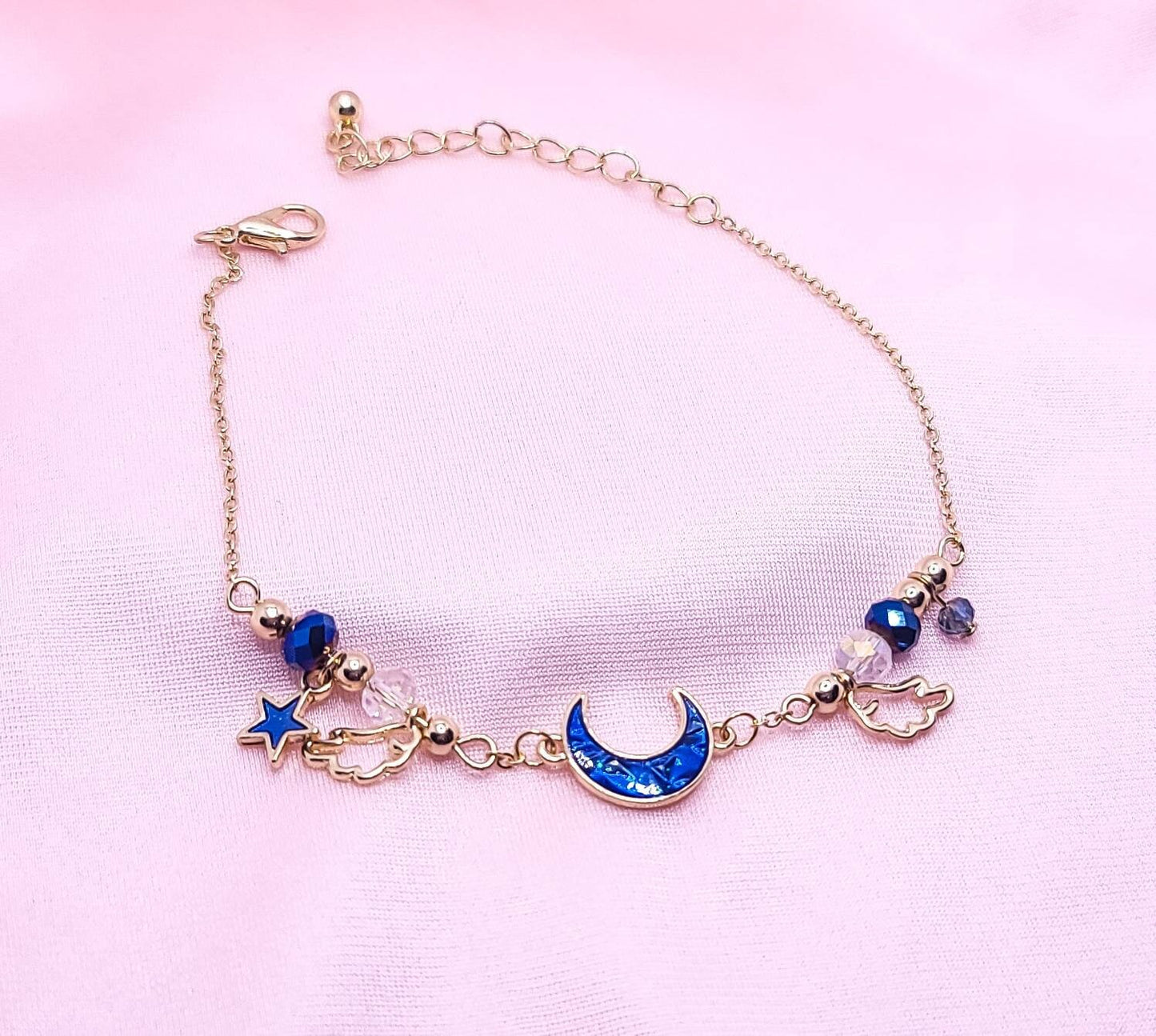 Crescent Moon Charm Bracelet | Gold Celestial Wings Bracelet| Enamel Charms Dangle Stars