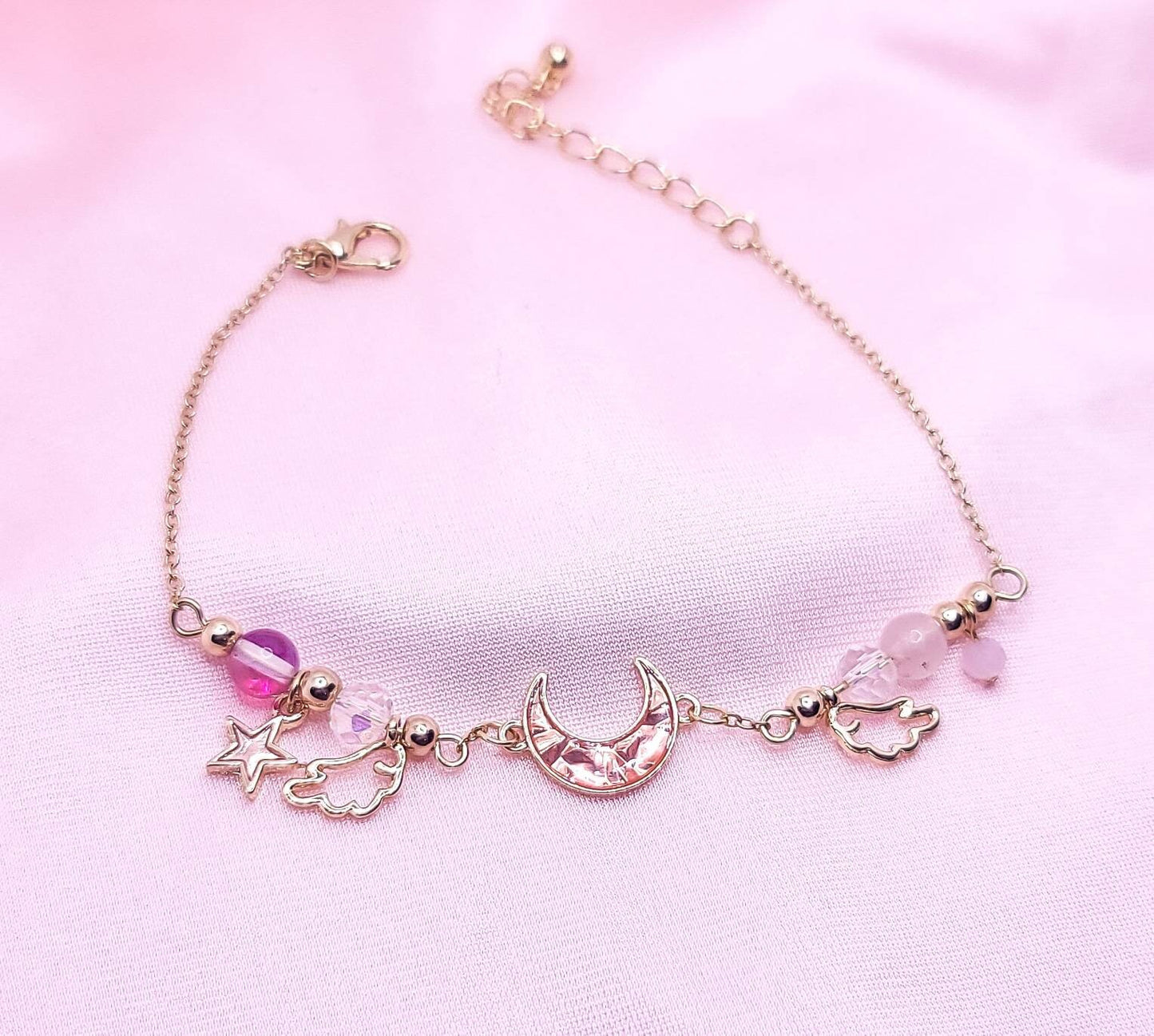 Crescent Moon Charm Bracelet | Gold Celestial Wings Bracelet| Enamel Charms Dangle Stars