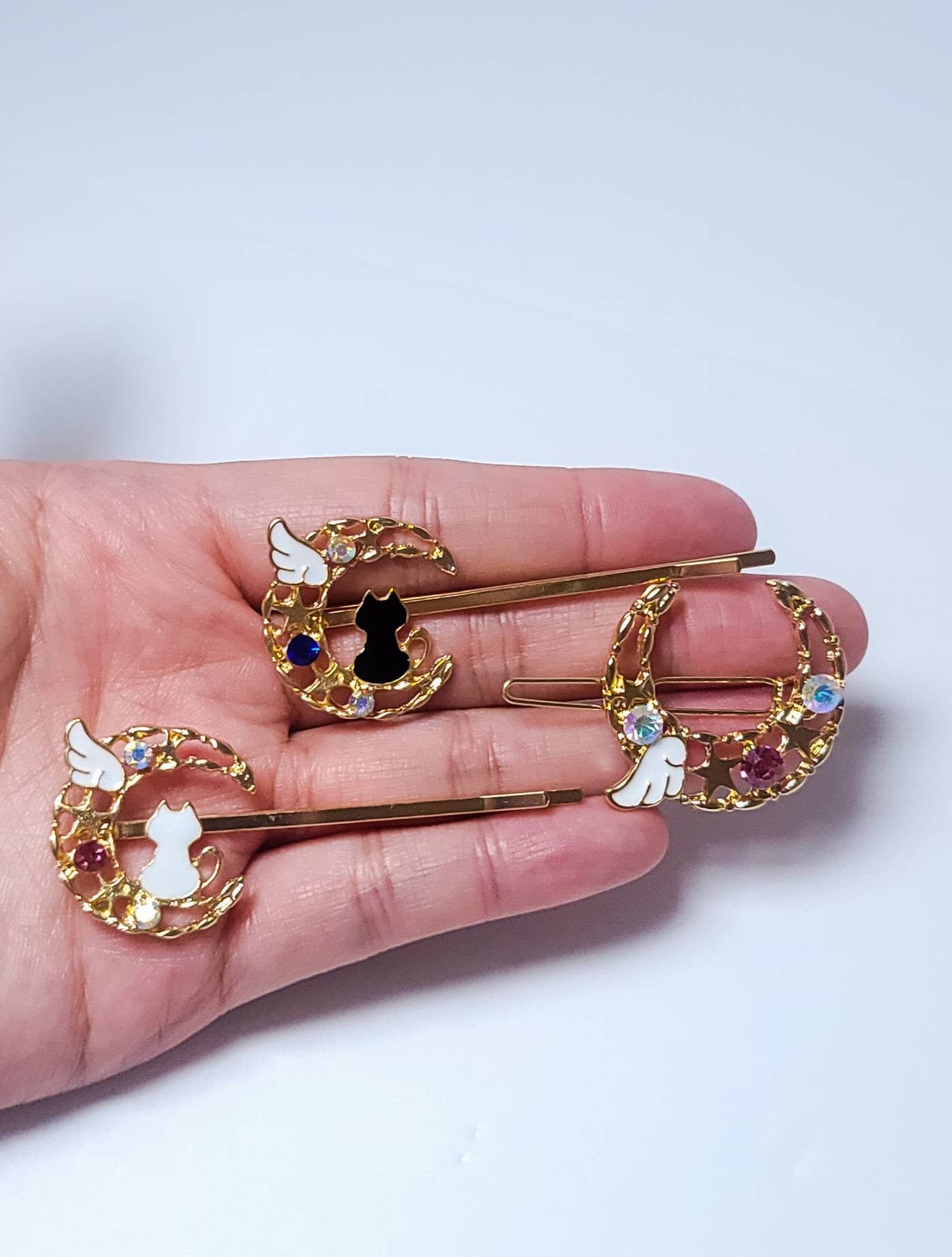 Crescent Moon Hair Clips | Kitty Cat Hair Clip | Wings Hair Pin | Enamel Hair Clip | Rhinestones Hair Pin | Lolita Girl | Anime Hair Clips