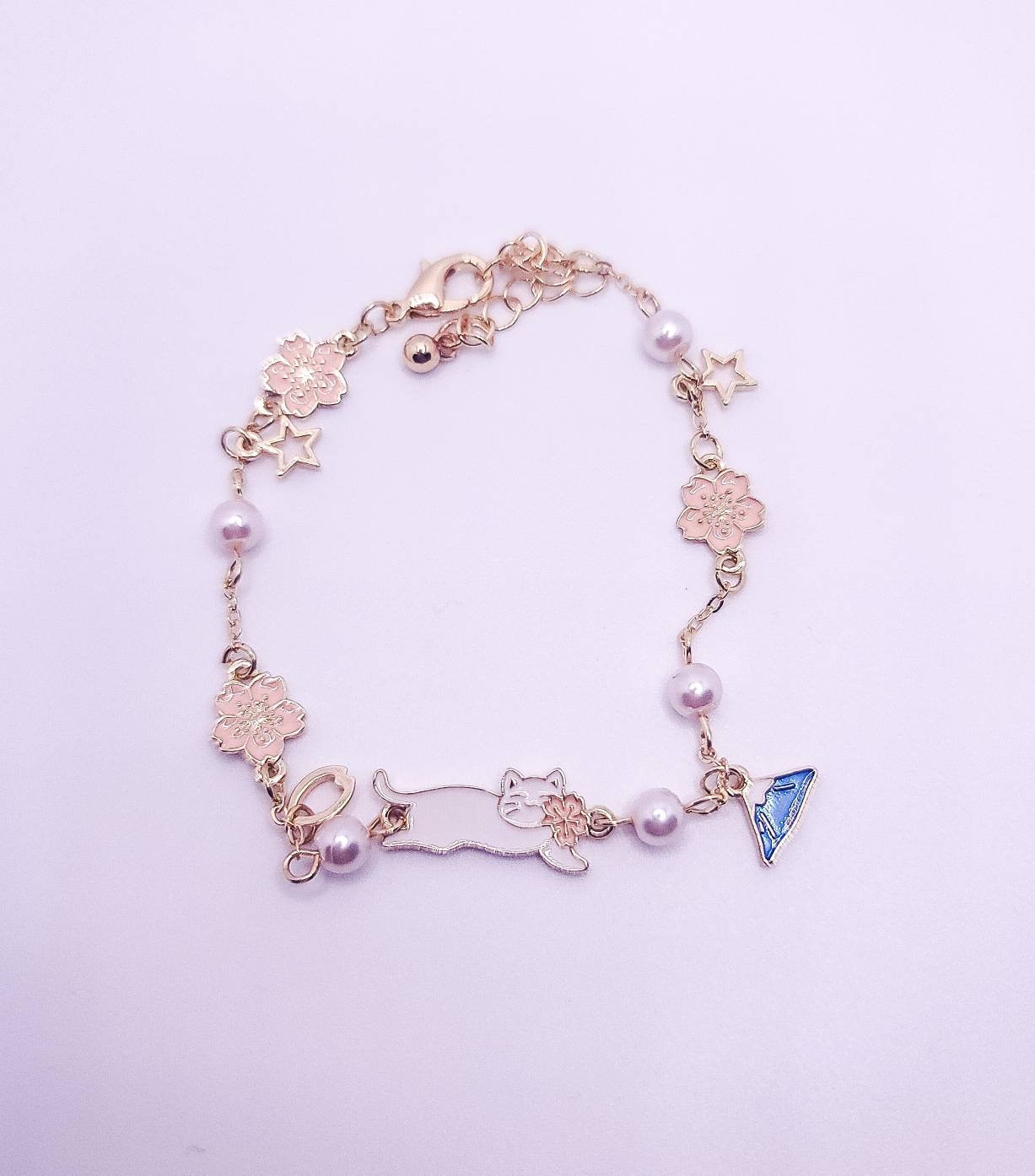 Cat Charm Bracelet | Gold Bracelet | Sakura Cherry Blossom | Enamel Charm | Pearl Bracelet | Lolita Girl Bracelet | Japanese Style