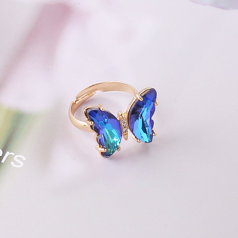 Sparkling Butterfly Ring | Adjustable Glass Butterfly Ring | Gradient Butterfly | 18K Gold Ring | Crystal Butterfly | Gift for Her | 3D