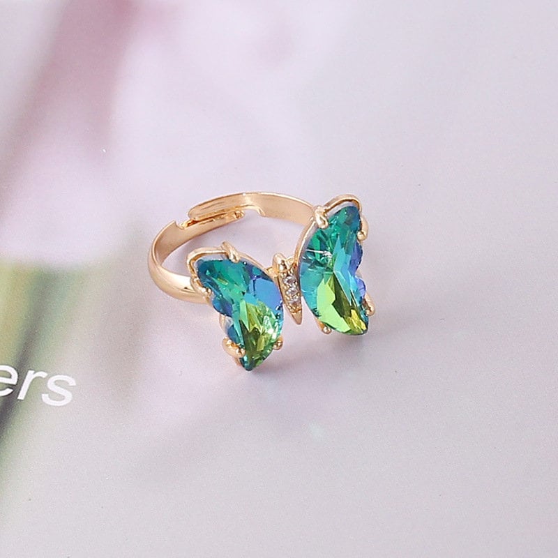 Sparkling Butterfly Ring | Adjustable Glass Butterfly Ring | Gradient Butterfly | 18K Gold Ring | Crystal Butterfly | Gift for Her | 3D