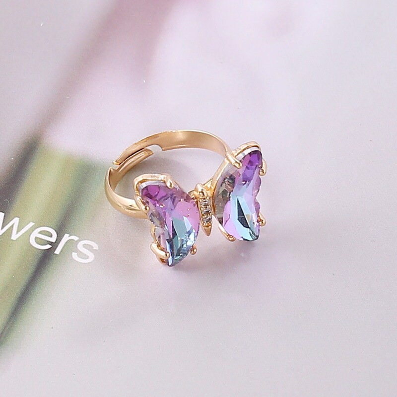 Sparkling Butterfly Ring | Adjustable Glass Butterfly Ring | Gradient Butterfly | 18K Gold Ring | Crystal Butterfly | Gift for Her | 3D