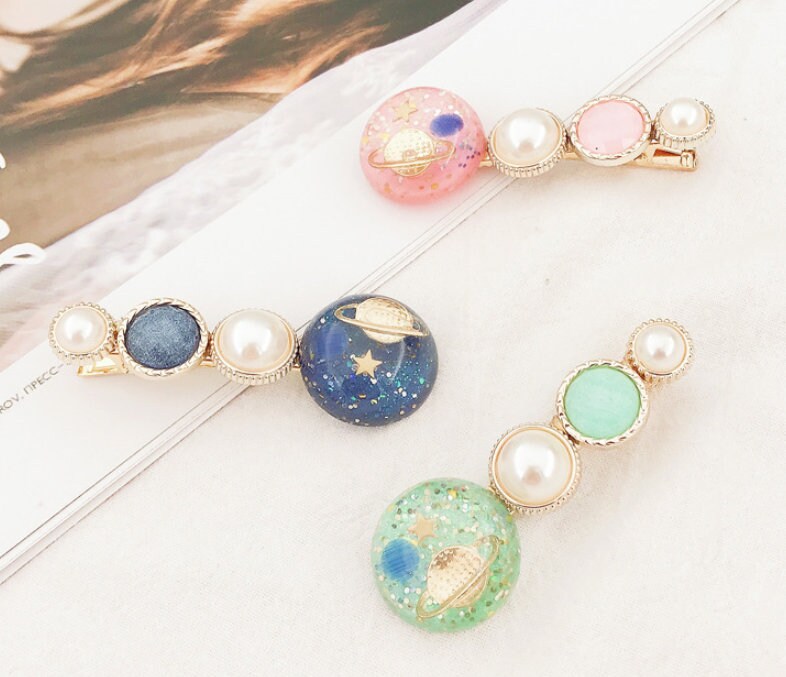 Galaxy Hair Clips | Planet Hair Clips | Moon and Stars | Milky Way | Gold Hair Clip | Lolita Girl | Kawaii Cute Hair Clip | Celestial