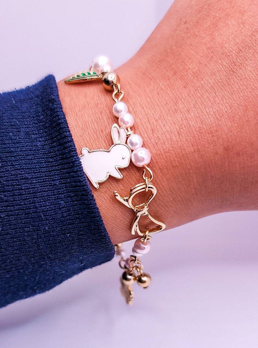 White Bunny Bracelet | Charm Bracelet | Bunny and Bow | Pink Flower Bracelet | Dainty Charm Bracelet | Delicate | Japanese Style