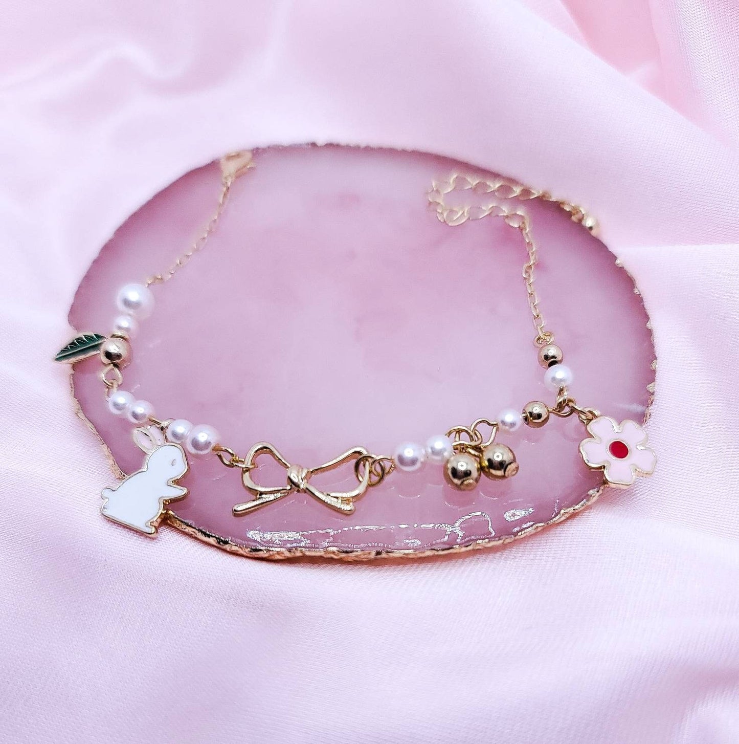 White Bunny Bracelet | Charm Bracelet | Bunny and Bow | Pink Flower Bracelet | Dainty Charm Bracelet | Delicate | Japanese Style