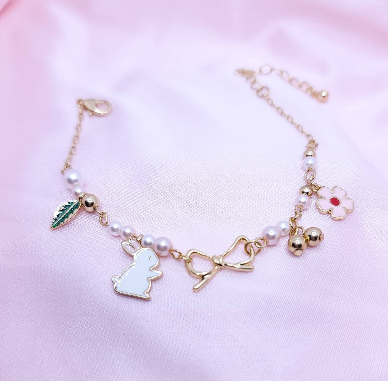 White Bunny Bracelet | Charm Bracelet | Bunny and Bow | Pink Flower Bracelet | Dainty Charm Bracelet | Delicate | Japanese Style