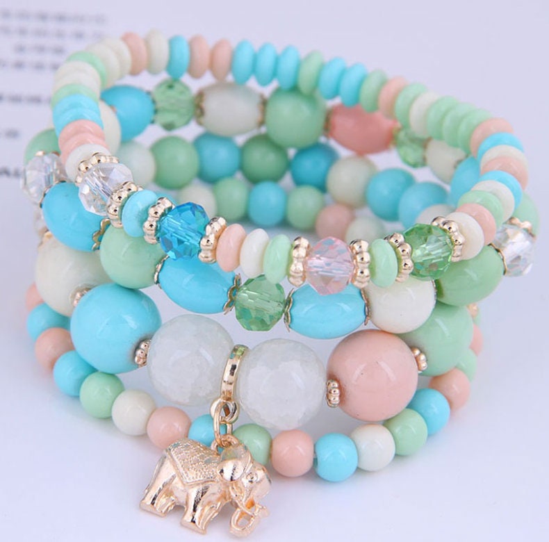 Bohemian Bead Bracelets | Elephant Pendant | Bracelet Set | Beaded Bracelets | Stackable Bracelet | Acrylic Beads | Gift for Her | Set of 4