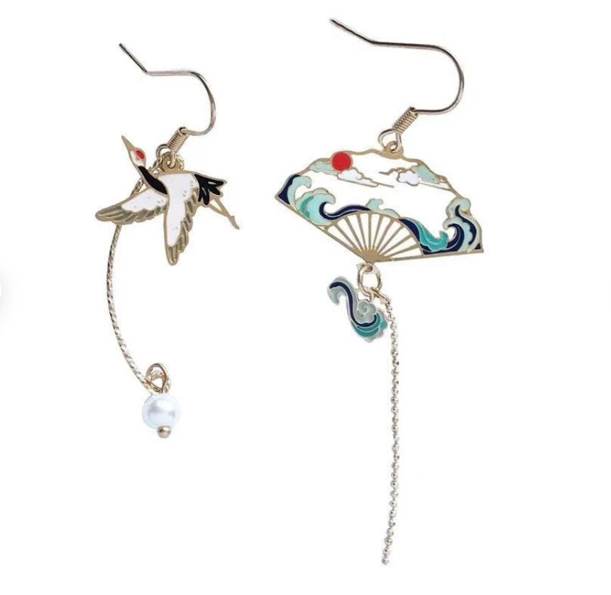 Crane Earrings | Bird and Fan Earrings | Japanese Earrings | Mismatch Earrings | Asymmetrical Earrings | Japanese Waves, Clouds
