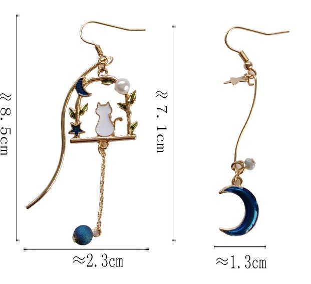 Mismatch Cat Earrings | Asymmetrical Earrings | Crescent Moon Earrings | Moon and Stars | Cat Earrings | Unique Earrings