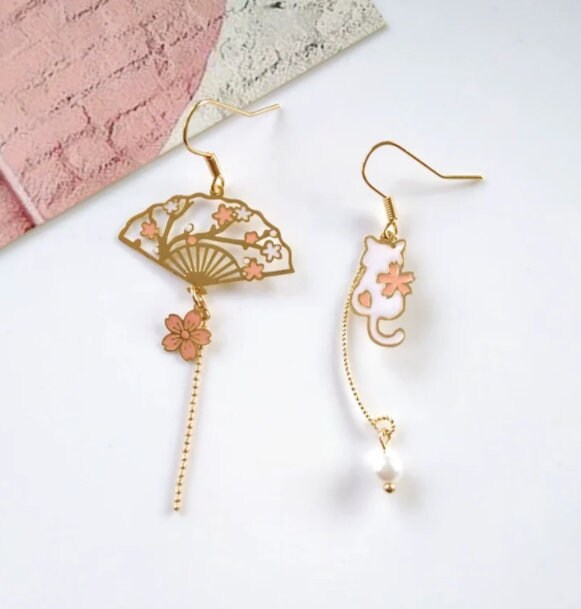 Fan and Cat Earrings | Japanese Fan Earrings | Cherry Blossom Earrings | Sakura Earrings | Japanese Earrings | Mismatch Earrings | Dangle