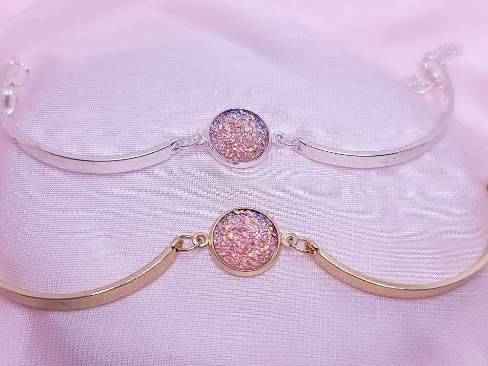 Dainty Druzy Bangle Bracelet | Silver or Gold Adjustable Cuff Bracelets| Minimalist Druzy Charm Cuff Bangles | Gift for Her