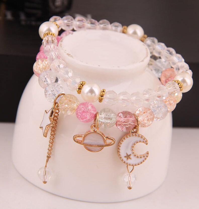 Moon and Stars Bracelet Set | Beaded Bracelets | Crystal Bracelets | Stackable Adjustable | Moon, Stars, Planet | Women Bracelet Set