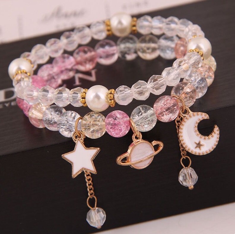 Moon and Stars Bracelet Set | Beaded Bracelets | Crystal Bracelets | Stackable Adjustable | Moon, Stars, Planet | Women Bracelet Set