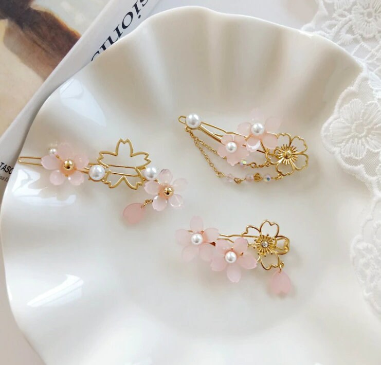 Pink Flower Hair Clip | Cherry Blossom Hair Pin | Sakura Flowers Hair Clip | Gold Hair Pin | Tassel Headpiece | Spring Hair Accessories